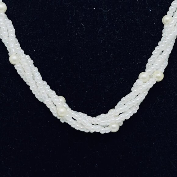 Vintage 4 Strand Twisted White Faux Pearl Seed Bead Necklace (796) - Picture 3 of 6